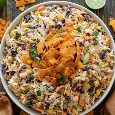 Bowl of bold flavor-packed coleslaw with colorful vegetables and tangy dressing