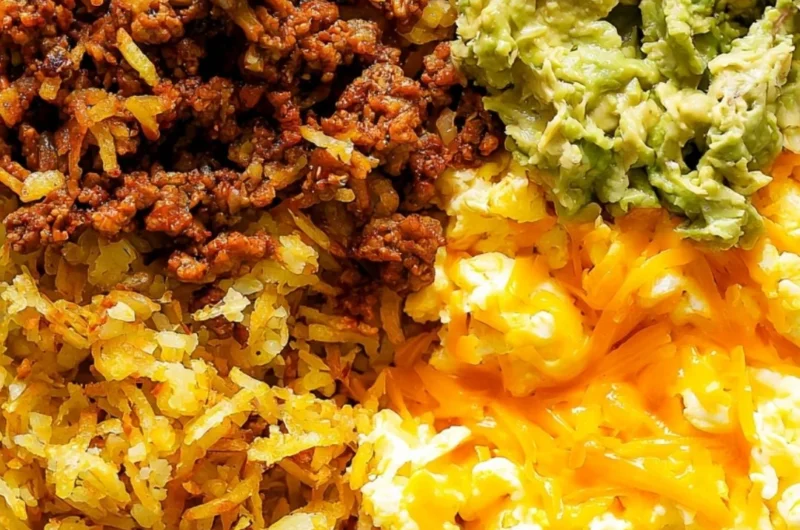 Healthy breakfast burrito bowl with eggs, veggies, and avocado