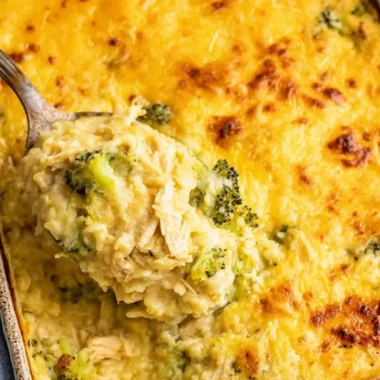 Delicious broccoli, rice, cheese, and chicken casserole dish ready to serve.