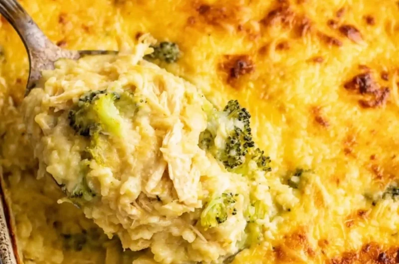 Delicious broccoli, rice, cheese, and chicken casserole dish ready to serve.