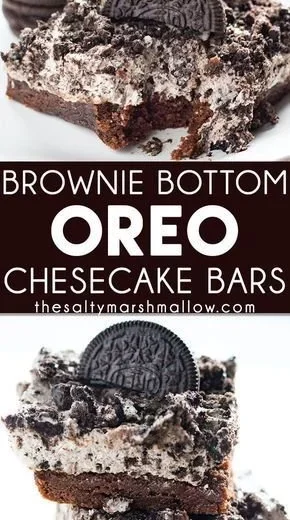 Brownie Bottom Oreo Cheesecake Bars ready to be served.
