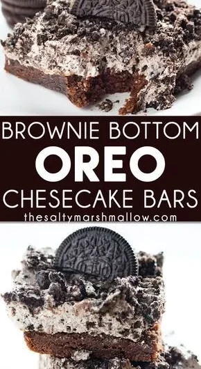 Brownie Bottom Oreo Cheesecake Bars ready to be served.