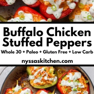Delicious Buffalo Chicken Stuffed Peppers, dairy-free and low-carb meal option.