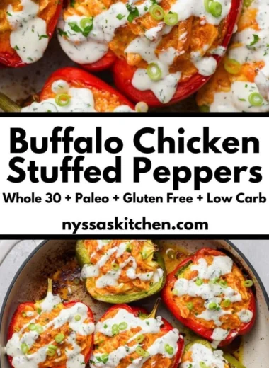 Delicious Buffalo Chicken Stuffed Peppers, dairy-free and low-carb meal option.