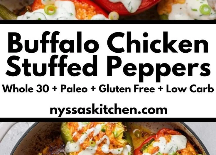 Delicious Buffalo Chicken Stuffed Peppers, dairy-free and low-carb meal option.