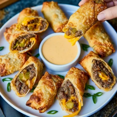 Cheeseburger eggroll with Grillo's Pickles® served on a plate