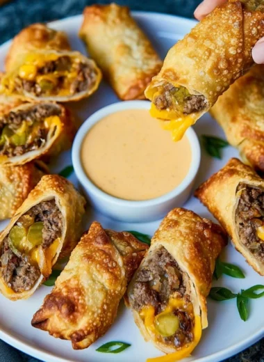 Cheeseburger eggroll with Grillo's Pickles® served on a plate