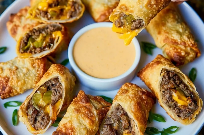 Cheeseburger eggroll with Grillo's Pickles® served on a plate