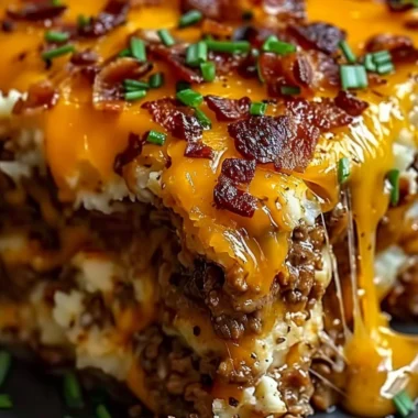 Cheesy Loaded Meatloaf Casserole topped with melted cheese and fresh herbs
