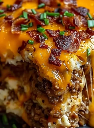 Cheesy Loaded Meatloaf Casserole topped with melted cheese and fresh herbs