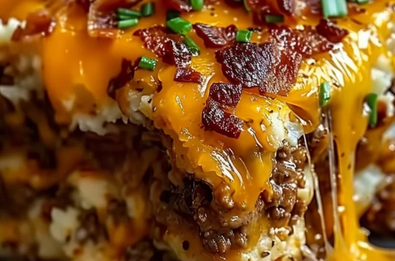 Cheesy Loaded Meatloaf Casserole topped with melted cheese and fresh herbs