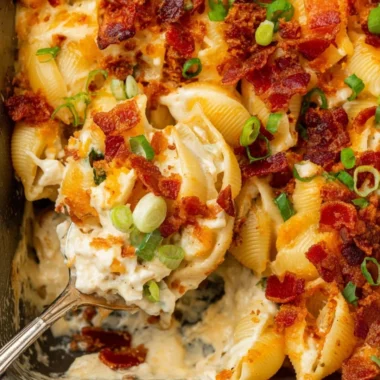 Delicious Chicken Bacon Ranch Casserole topped with crispy bacon and creamy sauce