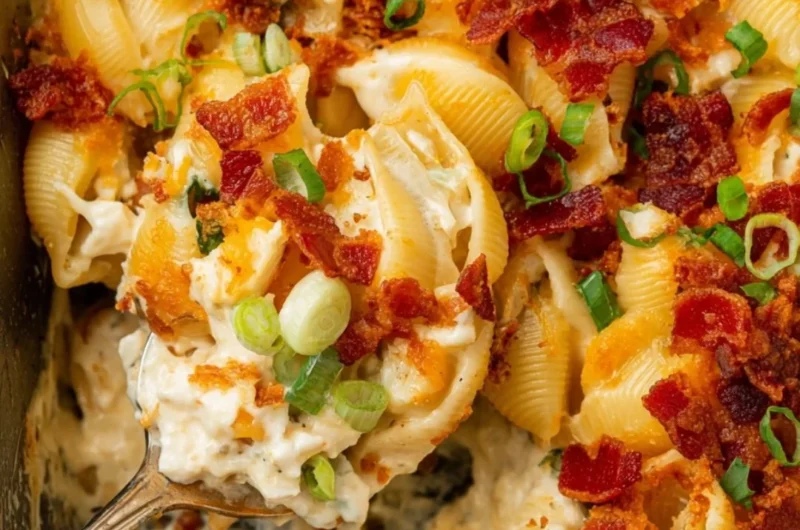 Delicious Chicken Bacon Ranch Casserole topped with crispy bacon and creamy sauce