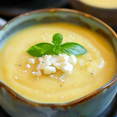Chilled pineapple soup served in a bowl, garnished with fresh herbs.