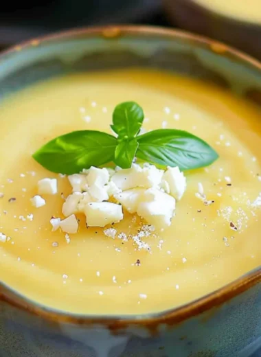 Chilled pineapple soup served in a bowl, garnished with fresh herbs.