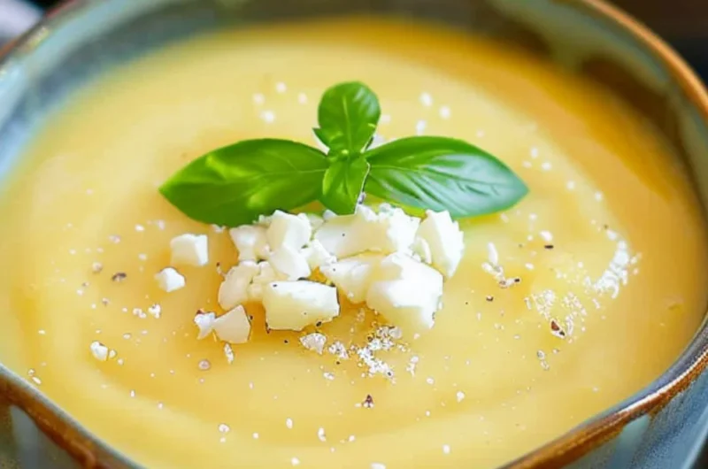 Chilled pineapple soup served in a bowl, garnished with fresh herbs.
