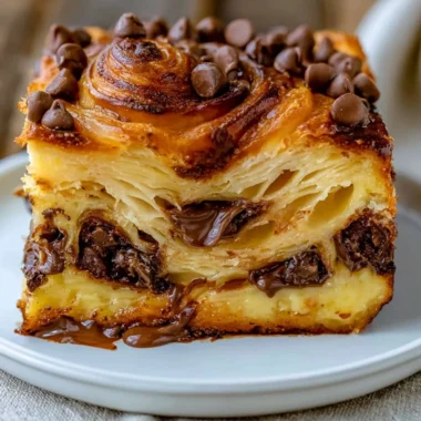 Chocolate croissant breakfast bake freshly prepared and served in a dish