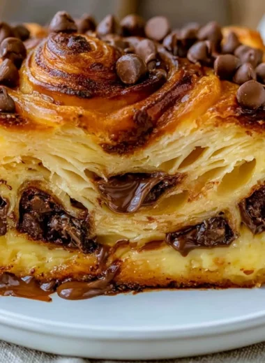 Chocolate croissant breakfast bake freshly prepared and served in a dish