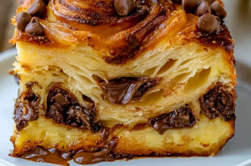 Chocolate croissant breakfast bake freshly prepared and served in a dish