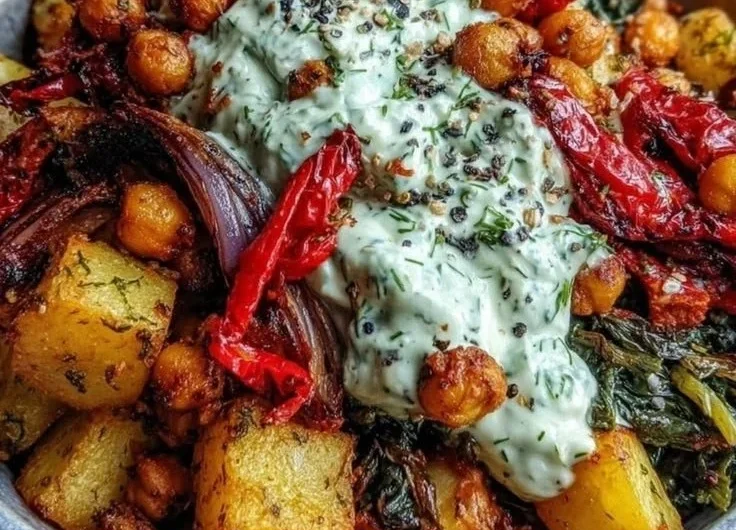 Colorful Mediterranean roasted vegetables on a platter, showcasing fresh ingredients.
