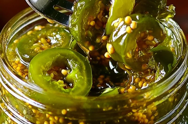 Jars of homemade cowboy candy with jalapeños and sugary syrup