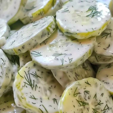 Cozy creamy cucumber salad garnished with herbs in a bowl.