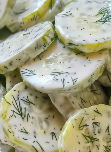 Cozy creamy cucumber salad garnished with herbs in a bowl.