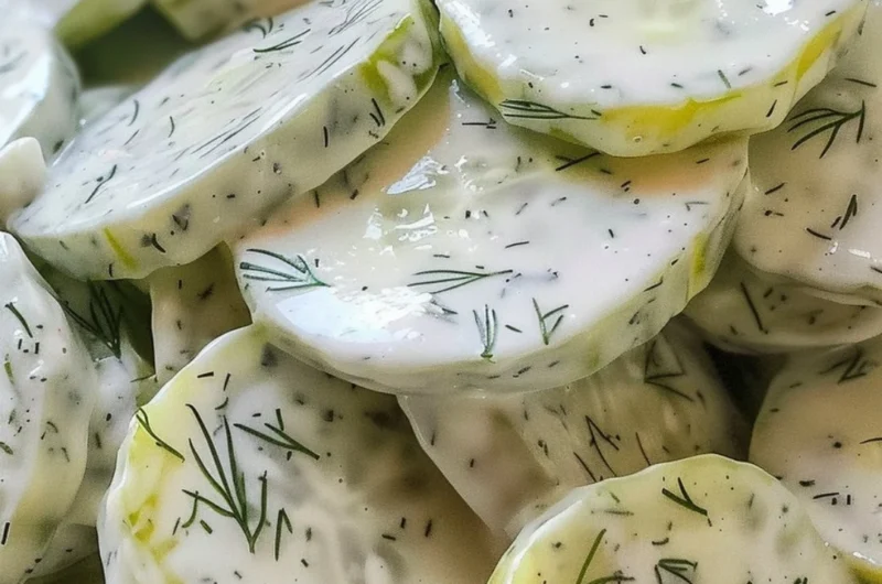 Cozy creamy cucumber salad garnished with herbs in a bowl.