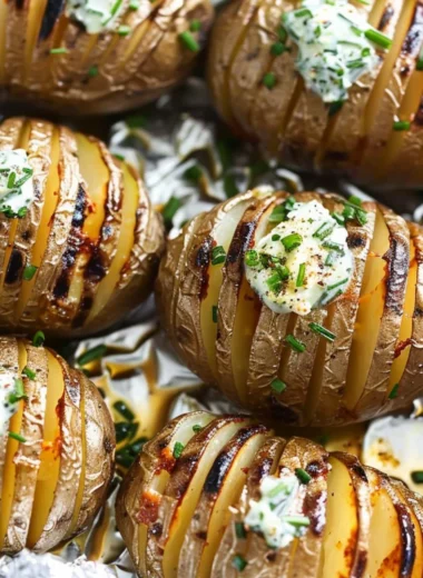 Cozy Hasselback potatoes topped with rich chive butter, perfect for any meal.