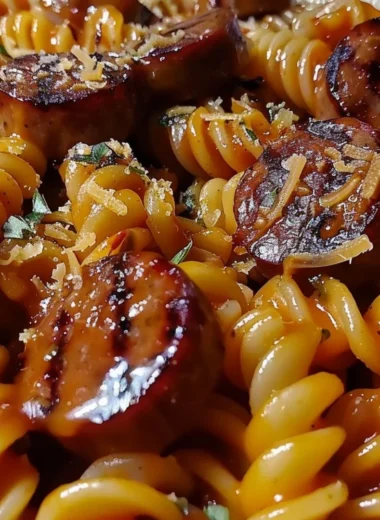 Delicious Cozy Honey BBQ Sausage Pasta served in a bowl with herbs on top