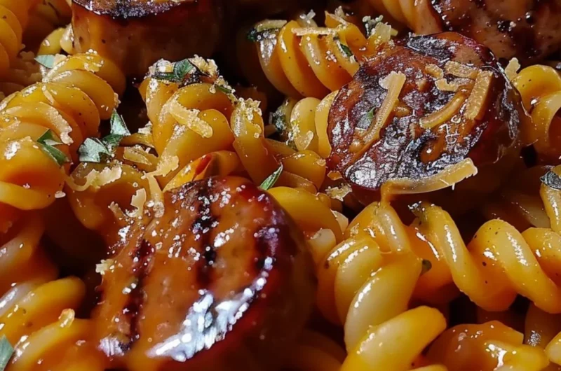 Delicious Cozy Honey BBQ Sausage Pasta served in a bowl with herbs on top