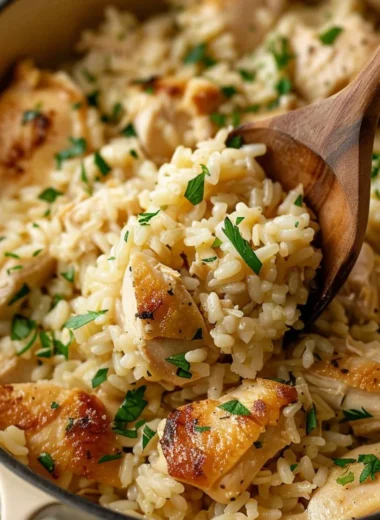 One-Pot Garlic Parmesan Chicken and Rice served in a cozy dish