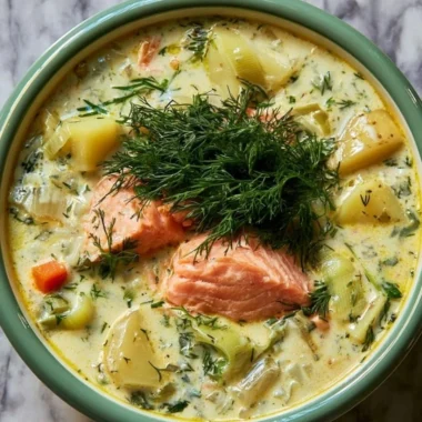 Creamy dill salmon soup with potatoes and leeks in a bowl