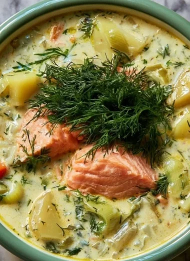 Creamy dill salmon soup with potatoes and leeks in a bowl