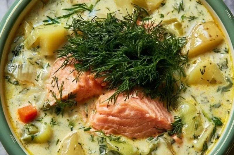 Creamy dill salmon soup with potatoes and leeks in a bowl