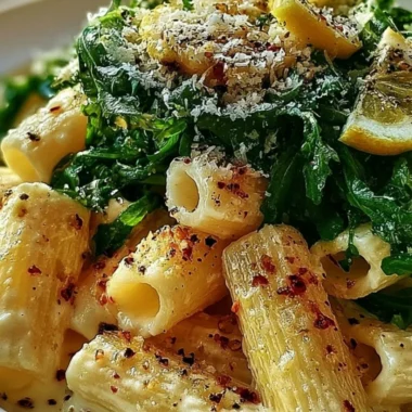 Creamy lemon ricotta pasta garnished with fresh arugula and lemon zest
