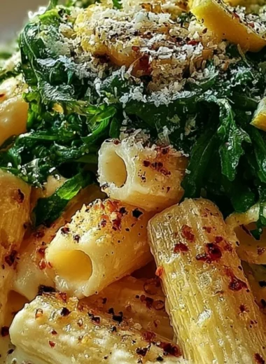 Creamy lemon ricotta pasta garnished with fresh arugula and lemon zest