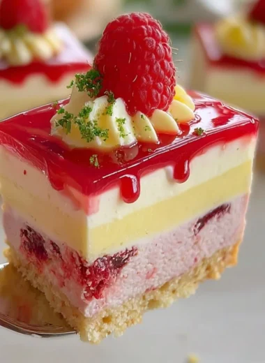 Creamy raspberry cheesecake topped with fresh raspberries and a graham cracker crust.