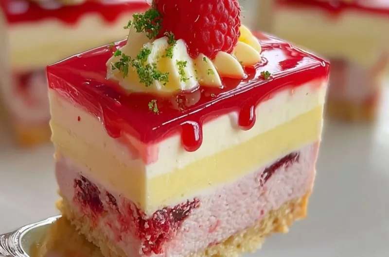 Creamy raspberry cheesecake topped with fresh raspberries and a graham cracker crust.