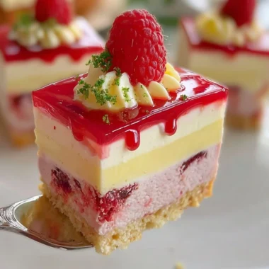 Slice of creamy raspberry cheesecake topped with fresh raspberries