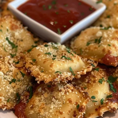 Crispy air fryer ravioli served on a plate with dipping sauce