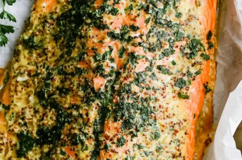 Dijon baked salmon on a serving plate garnished with herbs