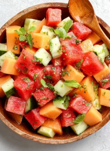 Easy melon salad with honey lime dressing on a white plate
