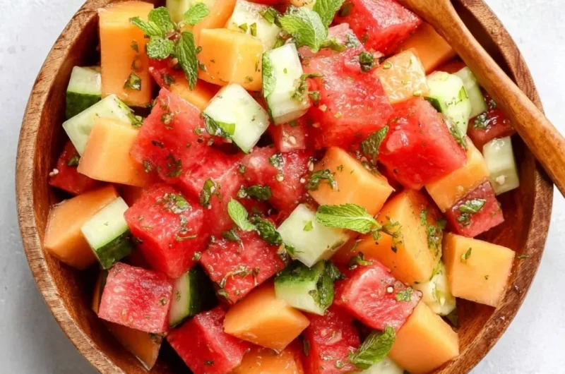 Easy melon salad with honey lime dressing on a white plate