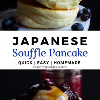 Fluffy Japanese soufflé pancakes topped with syrup and berries