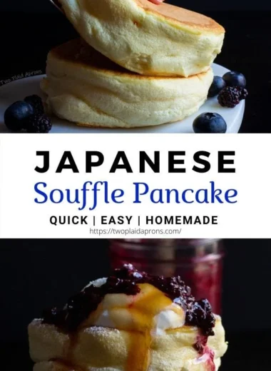 Fluffy Japanese soufflé pancakes topped with syrup and berries