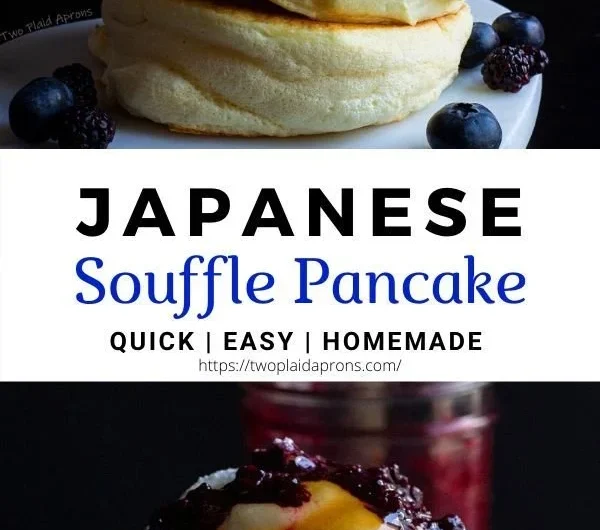 Fluffy Japanese soufflé pancakes topped with syrup and berries