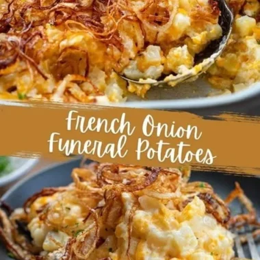 Delicious French Onion Funeral Potatoes dish in a creamy casserole