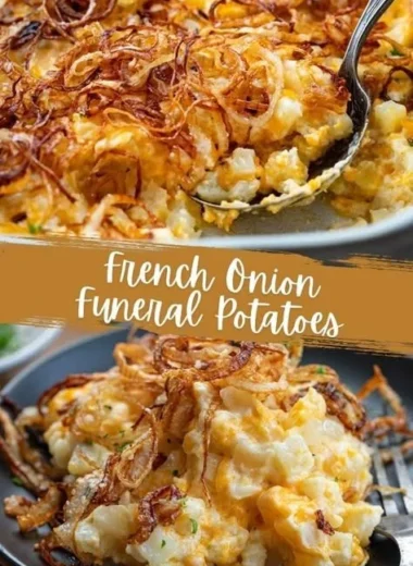 Delicious French Onion Funeral Potatoes dish in a creamy casserole