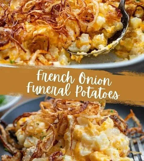 Delicious French Onion Funeral Potatoes dish in a creamy casserole